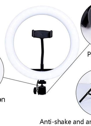 Fill Light Tripod Stand 2.5m with 25cm Dimmable Ring Light + 3 Phone Holders + Rotatable Mic Arm – Black