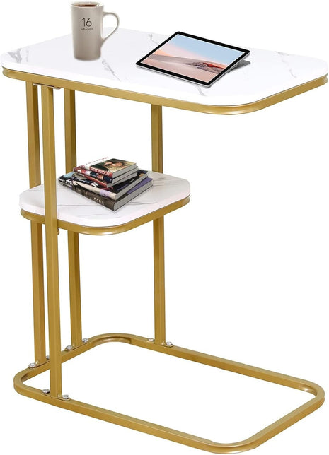 C-Shaped Side Table 50x30cm – 2-Tier Faux Marble MDF with Gold Steel Frame