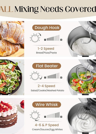 4.5L 1300W Stand Mixer with 6-Speed Pulse Control, Stainless Steel Bowl, Splash Guard, Dough Hook, Whisk, Beater