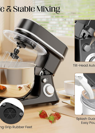 4.5L 1300W Stand Mixer with 6-Speed Pulse Control, Stainless Steel Bowl, Splash Guard, Dough Hook, Whisk, Beater