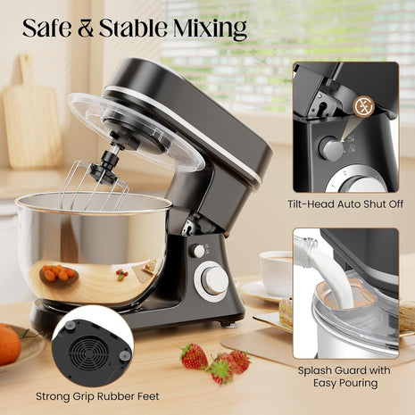 4.5L 1300W Stand Mixer with 6-Speed Pulse Control, Stainless Steel Bowl, Splash Guard, Dough Hook, Whisk, Beater