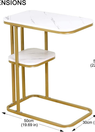 C-Shaped Side Table 50x30cm – 2-Tier Faux Marble MDF with Gold Steel Frame