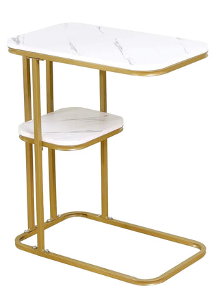 C-Shaped Side Table 50x30cm – 2-Tier Faux Marble MDF with Gold Steel Frame
