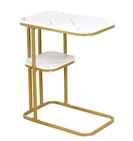 C-Shaped Side Table 50x30cm – 2-Tier Faux Marble MDF with Gold Steel Frame