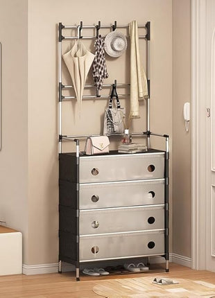 4-Tier Shoe Storage Cabinet with Coat Rack, Removable Shelf Divider, Galvanised Steel Tube & PP Panels