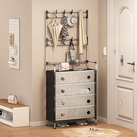 4-Tier Shoe Storage Cabinet with Coat Rack, Removable Shelf Divider, Galvanised Steel Tube & PP Panels