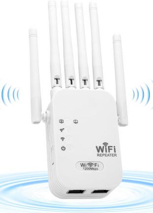 WiFi Extender Repeater 1200Mbps Dual Band – 6 Antennas Signal Booster with 2 LAN Ports – Covers up to 10000 Sq.Ft