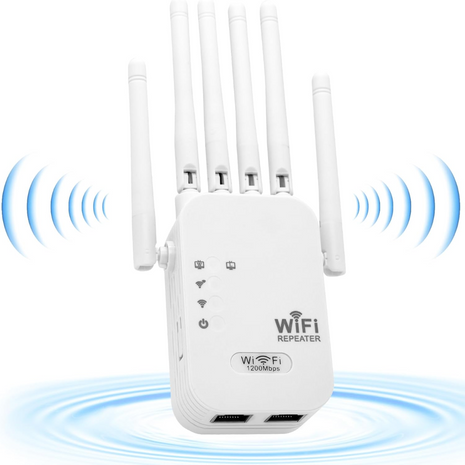 WiFi Extender Repeater 1200Mbps Dual Band – 6 Antennas Signal Booster with 2 LAN Ports – Covers up to 10000 Sq.Ft