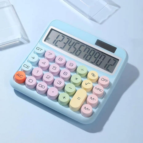 12-Digit Calculator with Pastel Typewriter Keys - ABS Plastic, AA Battery, Blue/White/Pink/Purple