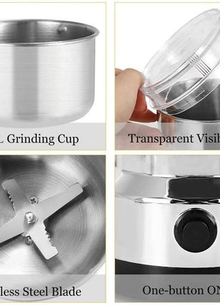 Electric Coffee Grinder, 300W Stainless Steel Blade, Removable Bowl, 200-300g Capacity, EU Plug, Silver