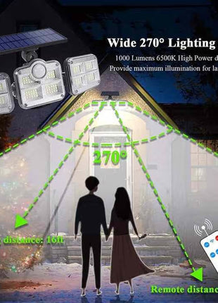 Outdoor Solar LED Floodlight 1000 Lumens – Motion Sensor 3-Head Design with Remote Control – 270° Beam – Black