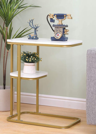 C-Shaped Side Table 50x30cm – 2-Tier Faux Marble MDF with Gold Steel Frame