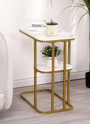 C-Shaped Side Table 50x30cm – 2-Tier Faux Marble MDF with Gold Steel Frame
