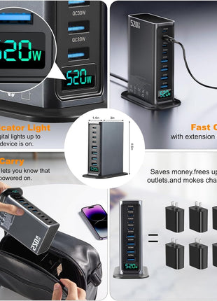 8-Port USB Charging Station 520W – GaN Fast Charger with 4 USB-C PD 100W & 4 USB-A QC 30W – Silver