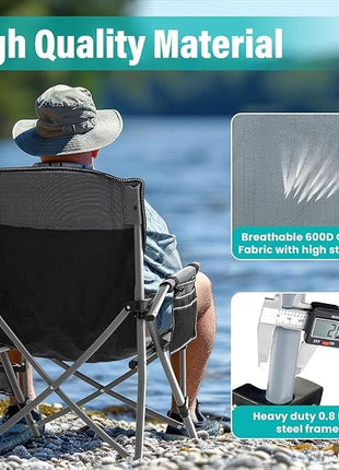 Camping Chair 150kg Capacity – High Back Mesh & Oxford – Green or Grey with Armrest & Cup Holder