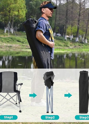 Camping Chair 150kg Capacity – High Back Mesh & Oxford – Green or Grey with Armrest & Cup Holder