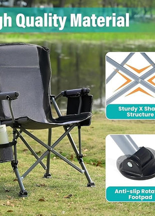 Camping Chair 150kg Capacity – High Back Mesh & Oxford – Green or Grey with Armrest & Cup Holder
