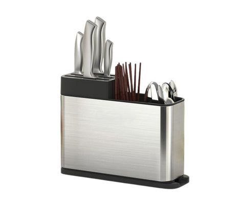 3-Compartment Cutlery Organizer – Stainless Steel Knife, Spoon & Fork Holder with Drain Base – Compact Silver Rack