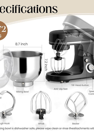 4.5L 1300W Stand Mixer with 6-Speed Pulse Control, Stainless Steel Bowl, Splash Guard, Dough Hook, Whisk, Beater