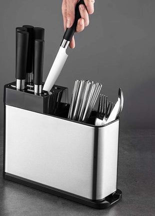 3-Compartment Cutlery Organizer – Stainless Steel Knife, Spoon & Fork Holder with Drain Base – Compact Silver Rack