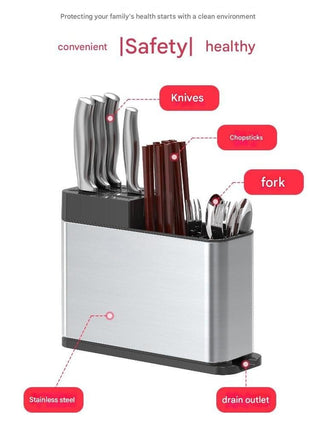 3-Compartment Cutlery Organizer – Stainless Steel Knife, Spoon & Fork Holder with Drain Base – Compact Silver Rack