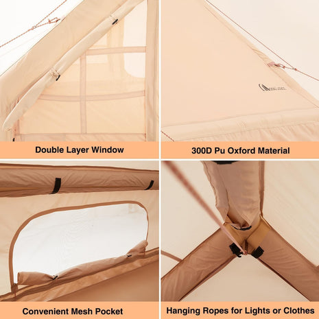 Inflatable Tent 6-Person – 300×220×190 cm Oxford Air-Beam Shelter – Waterproof Glamping Cabin – Apricot