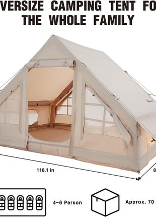 Inflatable Tent 6-Person – 300×220×190 cm Oxford Air-Beam Shelter – Waterproof Glamping Cabin – Apricot