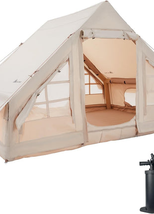Inflatable Tent 6-Person – 300×220×190 cm Oxford Air-Beam Shelter – Waterproof Glamping Cabin – Apricot