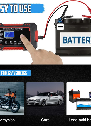 12V 6A Smart Pulse Battery Charger for 2Ah–100Ah Lead-Acid, AGM, Gel – Auto Repair, LCD Display