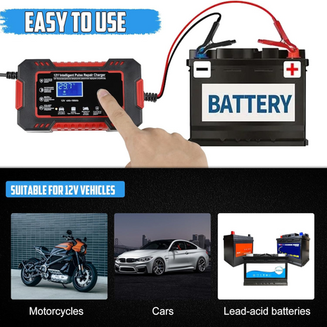 12V 6A Smart Pulse Battery Charger for 2Ah–100Ah Lead-Acid, AGM, Gel – Auto Repair, LCD Display