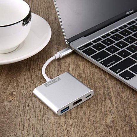 3-in-1 USB-C Hub Adapter – 4K HDMI Output + USB 3.0 + Type-C Charging – Aluminium Shell – Silver