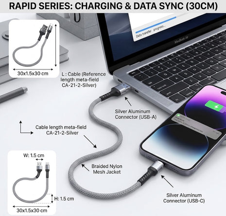 Rapid Series USB-A to USB-C Fast Charging & Data Cable, Braided Nylon, Tinned Copper Core, Aluminum Alloy Connectors, Over-Voltage Protection