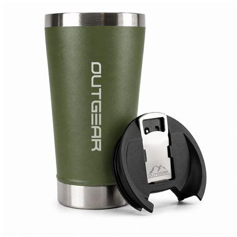 OutGear 600ml Double Wall Insulated Stainless Steel Thermos Cup with Built-In Bottle Opener, Matte Finish Green