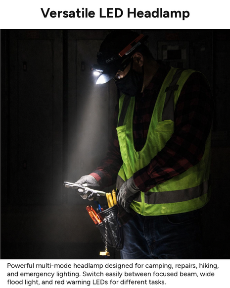 Outgear Rechargeable LED Headlamp 5W XTE + COB + Red LEDs, Motion Sensor Switch, Zoom Adjustable Beam, 60° Tilt, 3.7V 1800mAh