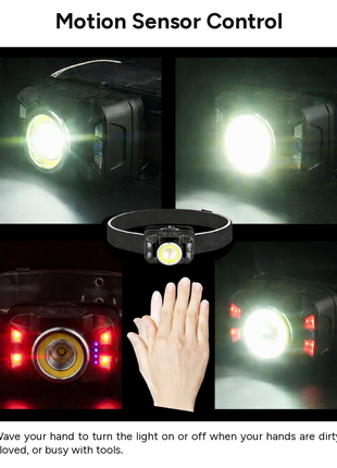 Outgear Rechargeable LED Headlamp 5W XTE + COB + Red LEDs, Motion Sensor Switch, Zoom Adjustable Beam, 60° Tilt, 3.7V 1800mAh
