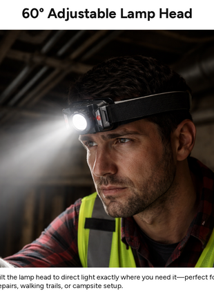 Outgear Rechargeable LED Headlamp 5W XTE + COB + Red LEDs, Motion Sensor Switch, Zoom Adjustable Beam, 60° Tilt, 3.7V 1800mAh