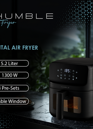 Humble 5.2L Air Fryer with Visible Window – Large Capacity, Black – Oil-Free Cooking with Adjustable Time & Temp, Easy to Clean, Family-Sized Electric Airfryer