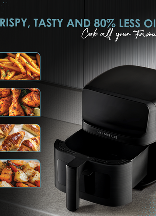 Humble 5.2L Air Fryer with Visible Window – Large Capacity, Black – Oil-Free Cooking with Adjustable Time & Temp, Easy to Clean, Family-Sized Electric Airfryer