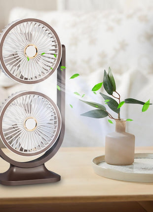 Dual-Head Desktop Fan 360° Adjustable – USB-C Rechargeable with 5 Speeds, Quiet Turbo Cooling, LED Night Light