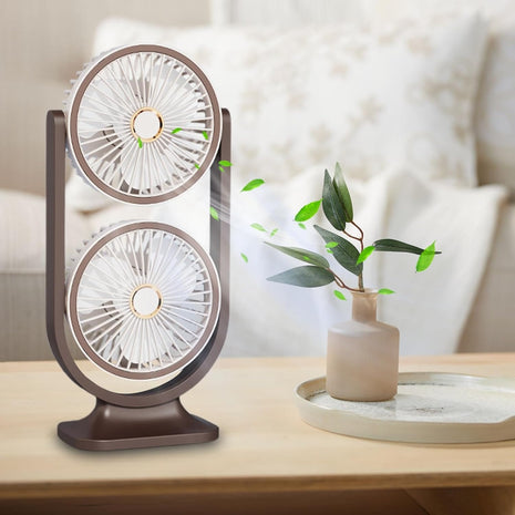 Dual-Head Desktop Fan 360° Adjustable – USB-C Rechargeable with 5 Speeds, Quiet Turbo Cooling, LED Night Light