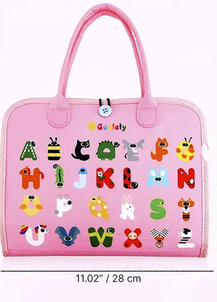 Busy Board for Toddlers 28cm – Fabric Montessori Toy with Alphabet, Clock, Puzzle – Pink for Age 3+