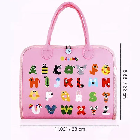 Busy Board for Toddlers 28cm – Fabric Montessori Toy with Alphabet, Clock, Puzzle – Pink for Age 3+