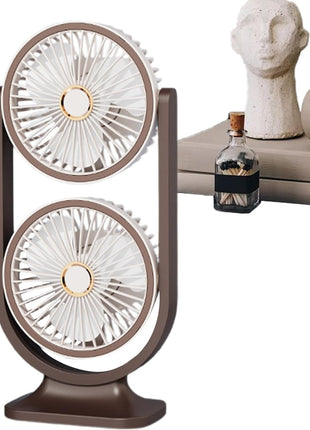 Dual-Head Desktop Fan 360° Adjustable – USB-C Rechargeable with 5 Speeds, Quiet Turbo Cooling, LED Night Light