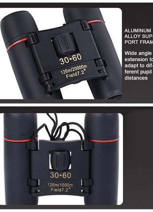 Folding Roof Prism Binoculars 30×60 – 10× Magnification – Compact Wide-Angle Travel Scope – Black – Field 7.2°