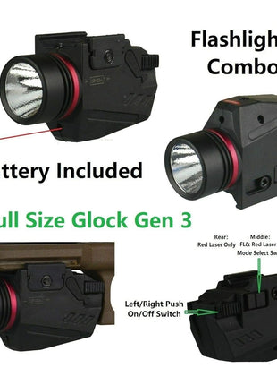 Tactical Flashlight Laser Combo – 200 Lumen LED + Class IIIA Red Laser – Picatinny Mount – Fits Glock Gen 3