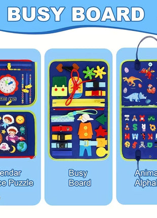 Busy Board for Toddlers 28cm – Fabric Montessori Toy with Alphabet, Clock, Puzzle – Pink for Age 3+