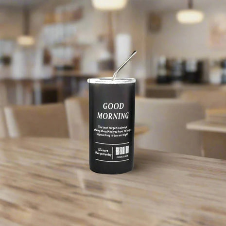 Thermal Insulated Coffee Cup 600ml – 304 Stainless Steel Inner – Vacuum Seal Lid – Reusable Metal Straw – Black