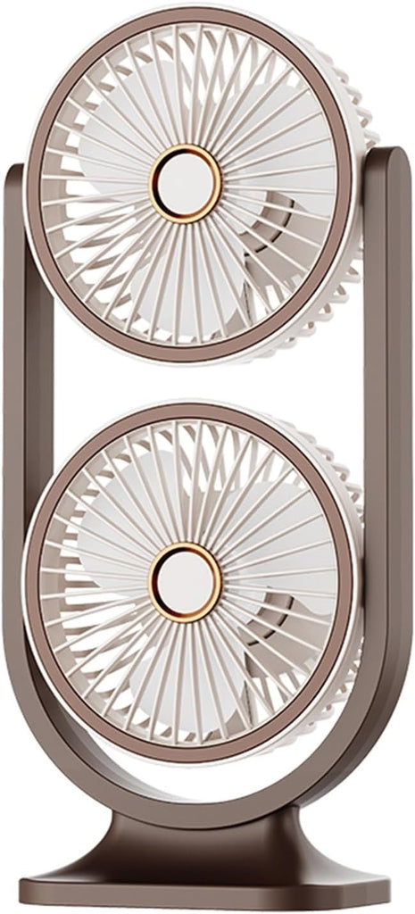 Dual-Head Desktop Fan 360° Adjustable – USB-C Rechargeable with 5 Speeds, Quiet Turbo Cooling, LED Night Light