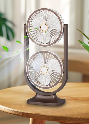 Dual-Head Desktop Fan 360° Adjustable – USB-C Rechargeable with 5 Speeds, Quiet Turbo Cooling, LED Night Light