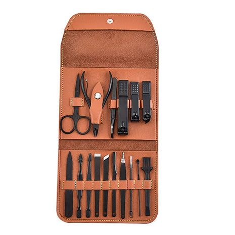 16 Piece Nail Clipper Stainless Steel Nail Care Tool Sets-Brown